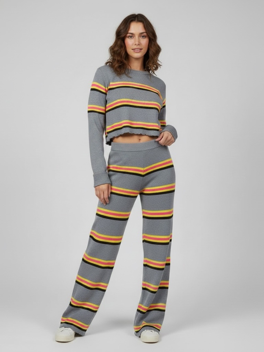 Gray Striped Knit Wide-Leg Pants - Unbranded